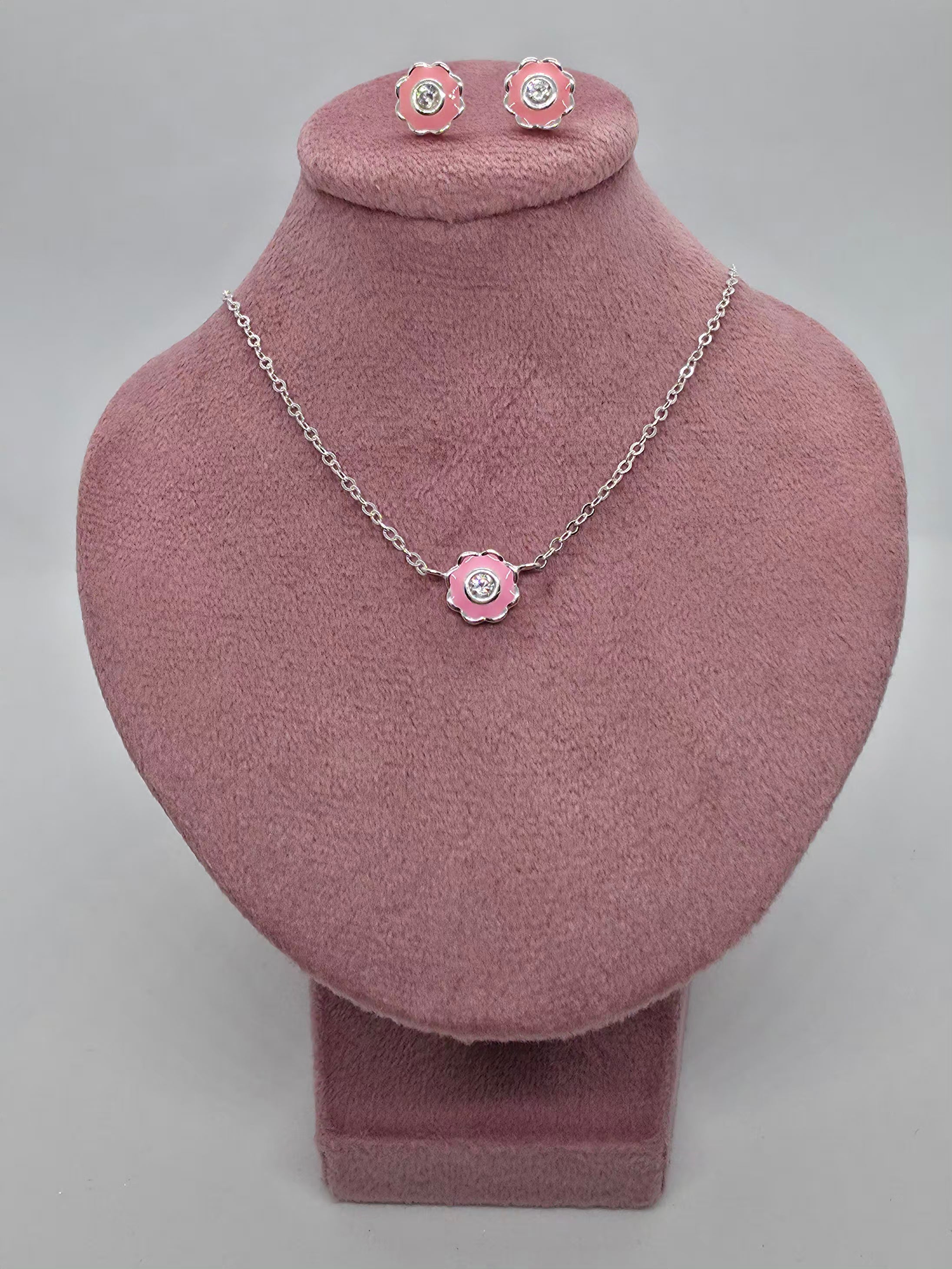 Conjunto Enamora - Flor esmaltada rosa y circón